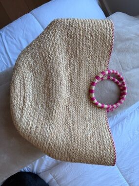 NEVER USED. Hat Attack Woven Straw Tote with Pink-Striped Handles